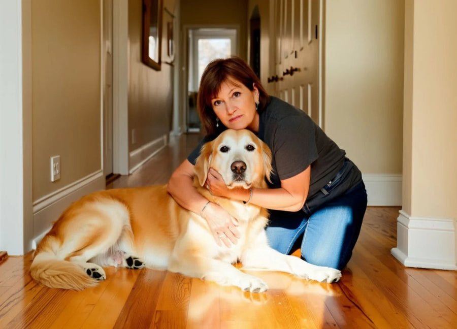 Dog owner hugging her golden retriever at home