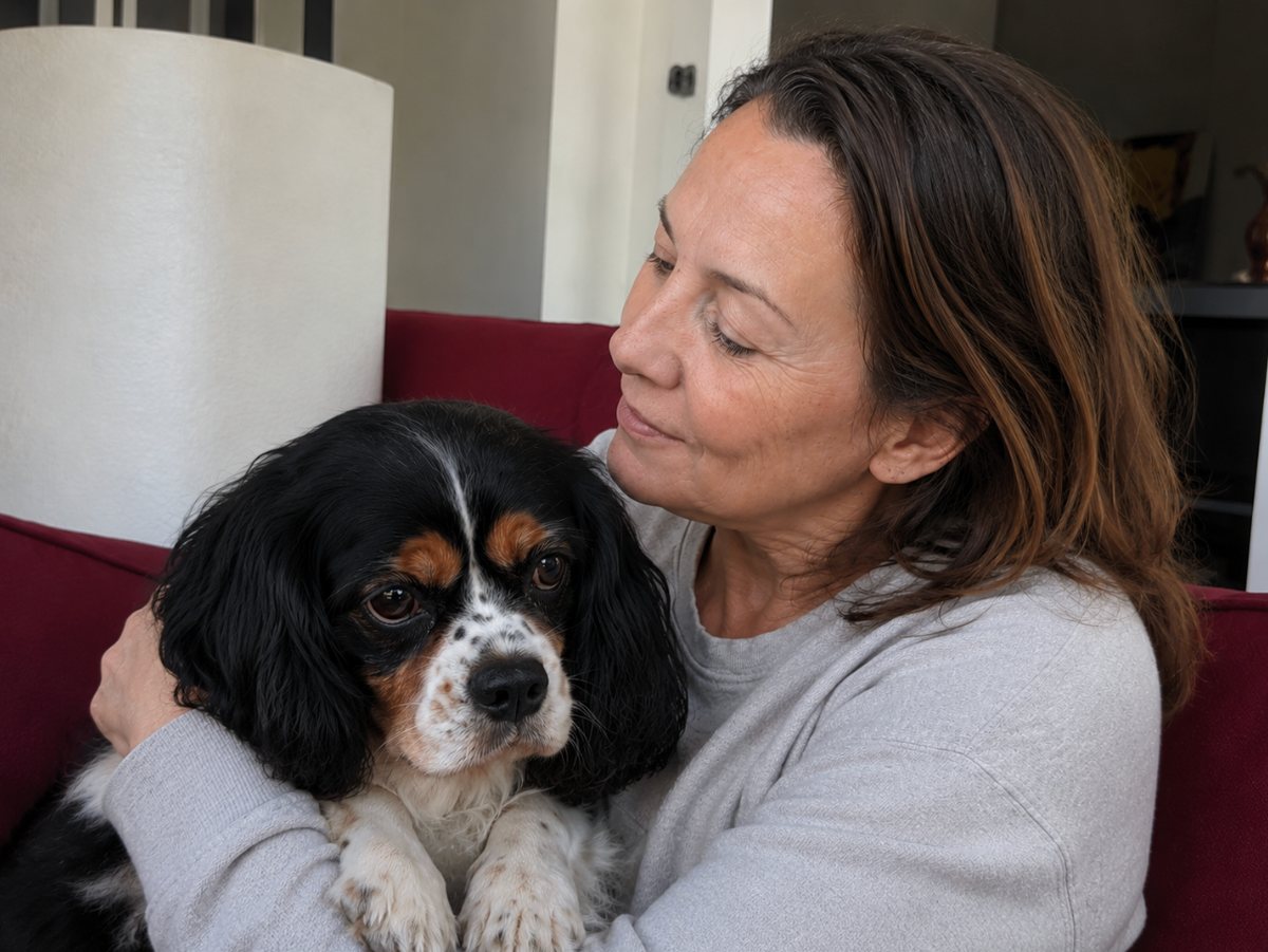 Frau hält ihren Hund im Arm